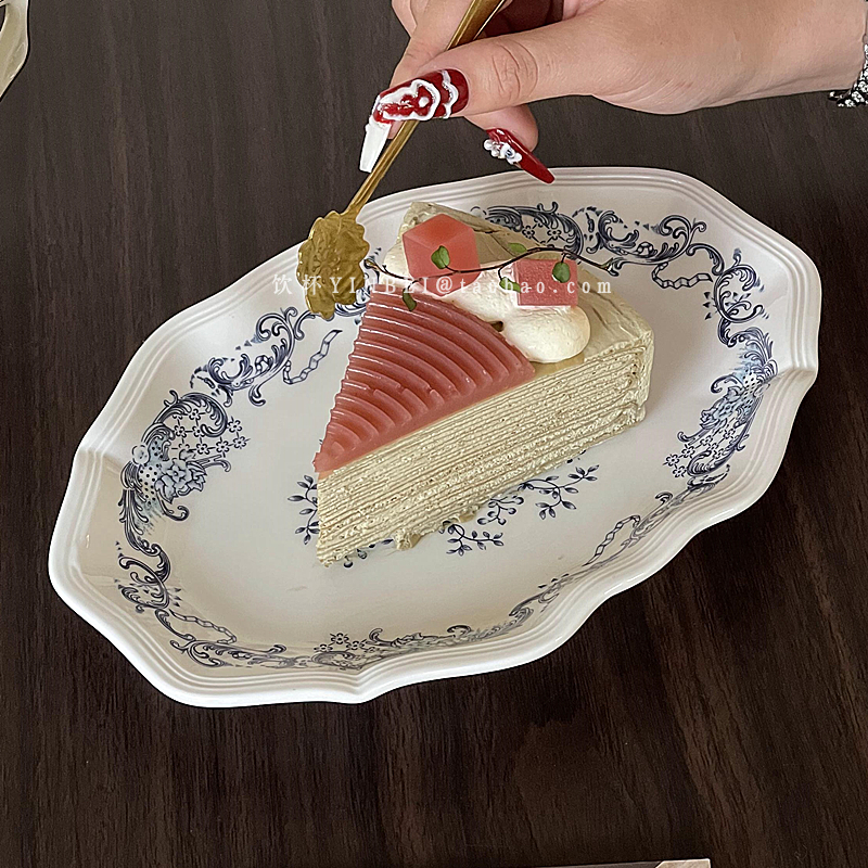 法式中古vintage蓝花卉陶瓷甜品盘蛋糕盘复古下午茶糕点盘西餐盘