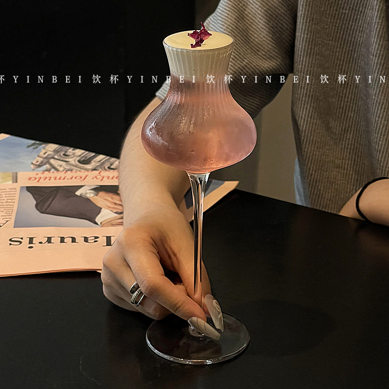 ins风复古条纹高脚杯冰美式拿铁咖啡杯创意鸡尾酒杯特调饮品杯