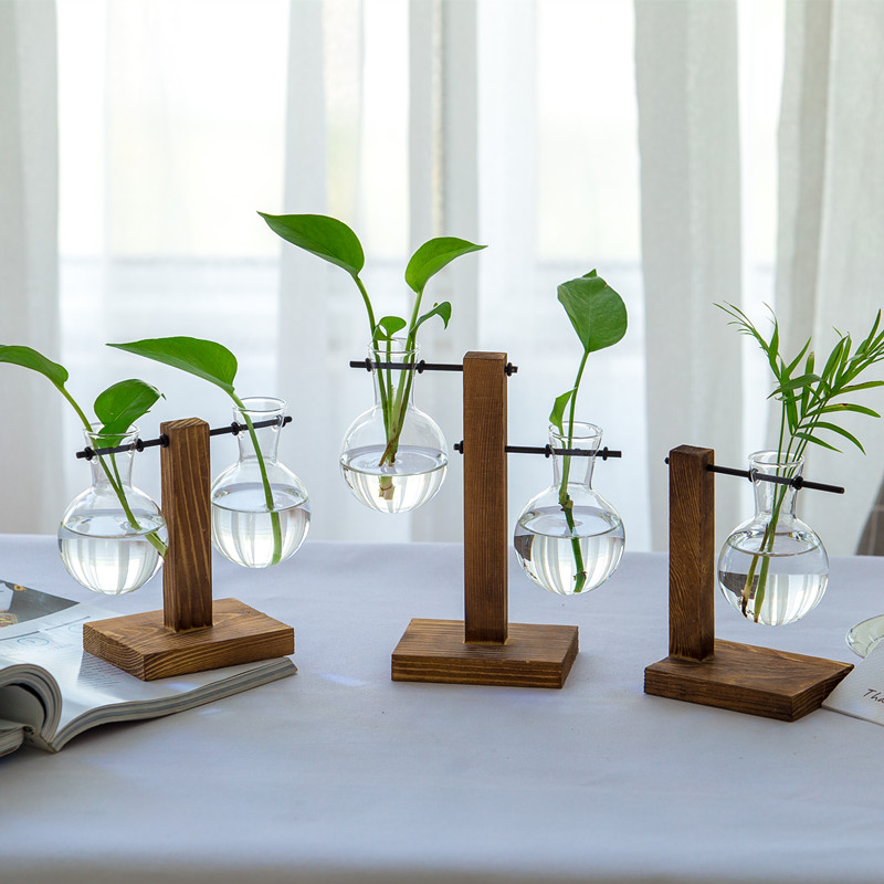 创意木架水培花瓶客厅办公室桌面绿萝植物透明玻璃花器小容器摆件