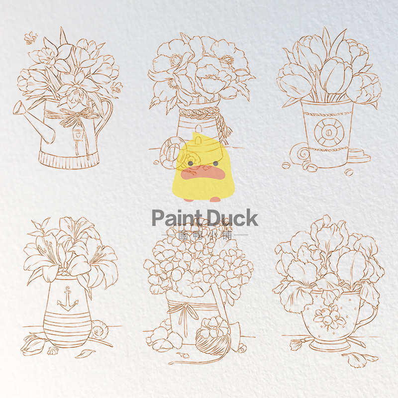 画鸭花卉小清新植物水彩线稿临摹本中粗细纹水彩纸填色上色卡线描