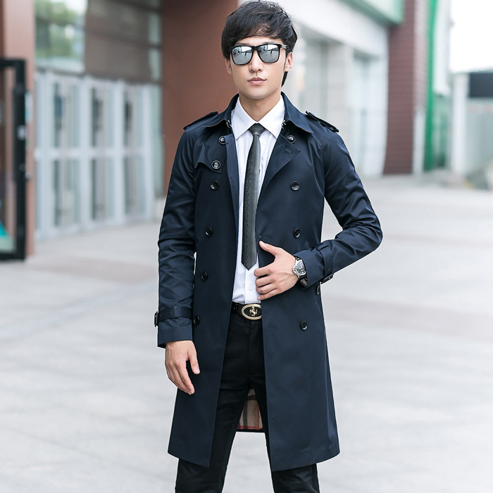 风尚品牌韩版男装春秋长款风衣双排扣中青少年修身深蓝色外套700