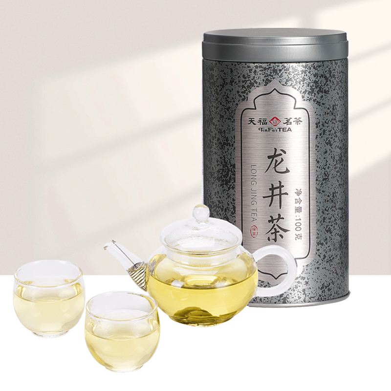 天福茗茶银罐装品质款龙井100克 玻璃简怡壶组组合