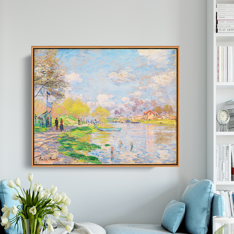 塞纳河畔的春天 莫奈印刷喷绘仿制油画客厅沙发背景装饰画风景画
