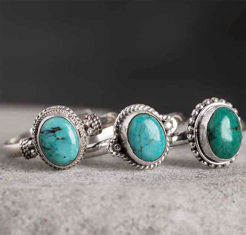 尼泊尔手工925银饰品开口指环女镶嵌绿松石戒指女 创意复古民族风