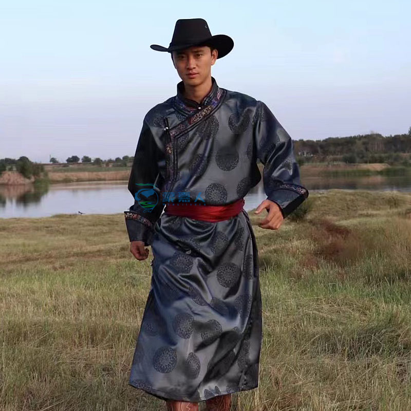 蒙古服装男黑色蒙古民族民装男士日常服装蒙古袍男款演出表演服装
