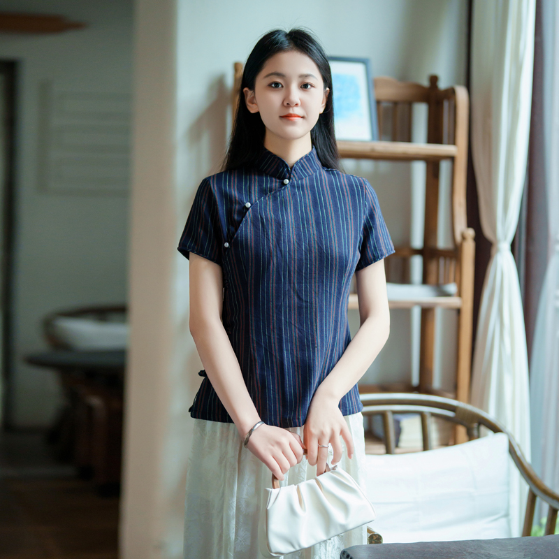 凤凰记 |青衿中式女装文艺复古夏季新品经典条纹棉布修身旗袍上衣