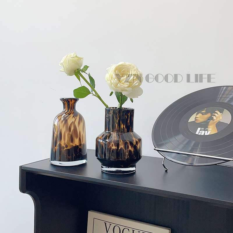 高级感复古豹纹花瓶玻璃水养鲜花干花插花器摆件客厅样板间装饰品