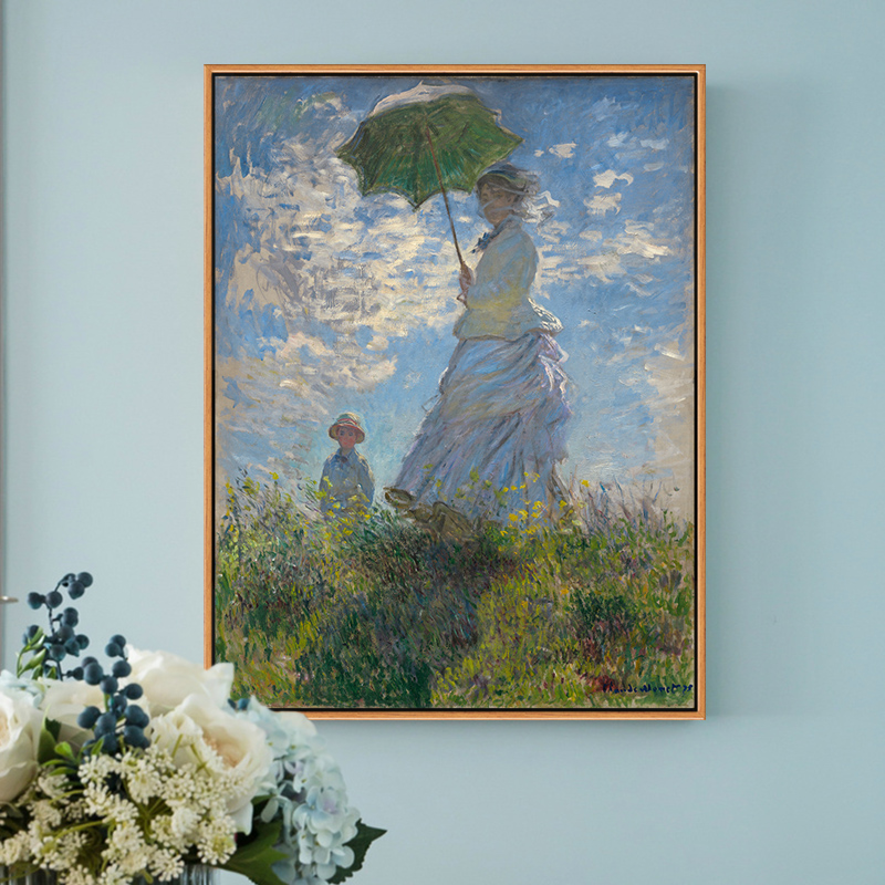 撑伞的女人 莫奈印刷喷绘人物画客厅卧室沙发背景装饰画壁画挂画