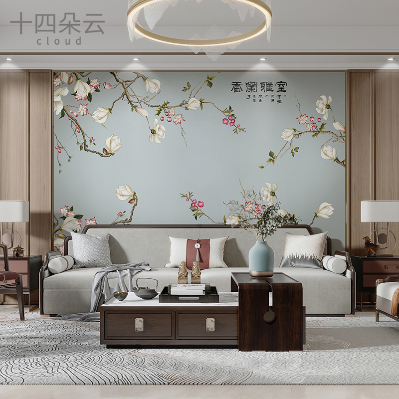 新中式玉兰花鸟定制壁画卧室客厅电视背景墙壁纸画香兰雅室墙布