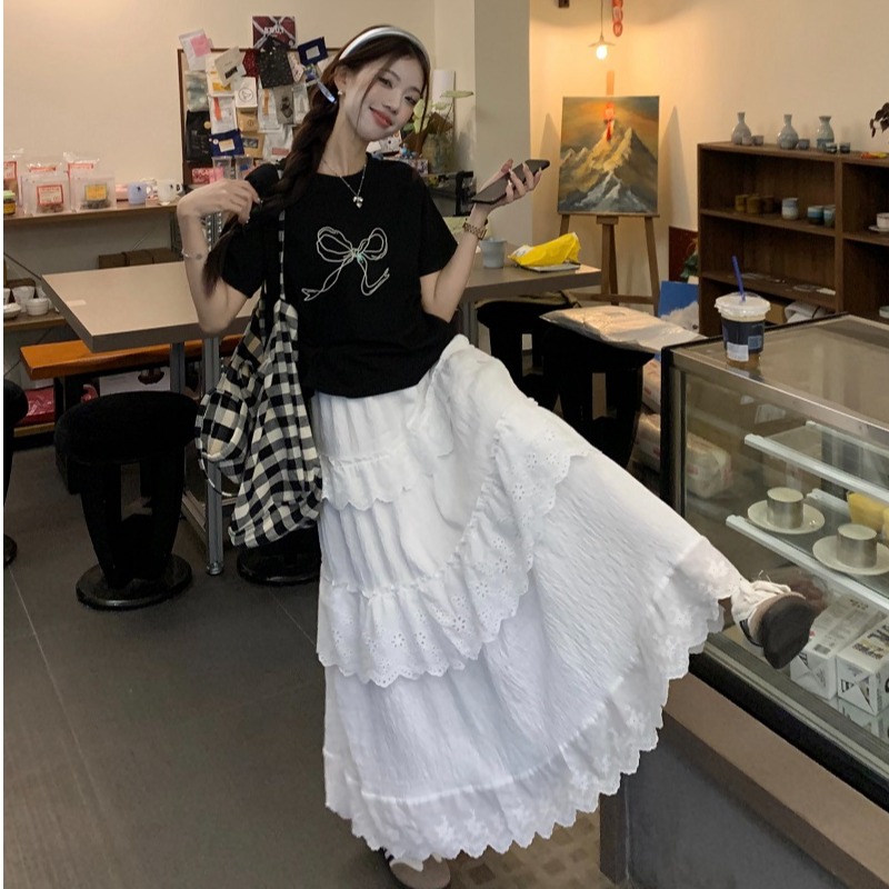 丸子少女微胖女装夏季新款黑色蝴蝶结短袖T恤+白色蛋糕半身裙套装