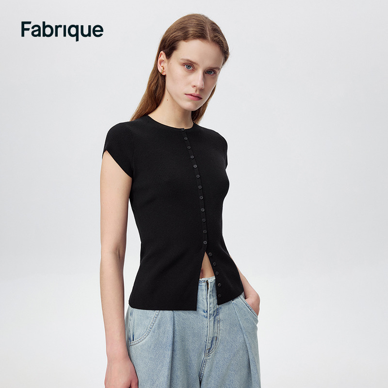 Fabrique BASIC短袖紧身针织套头衫女2024夏季新款薄款毛衣上衣