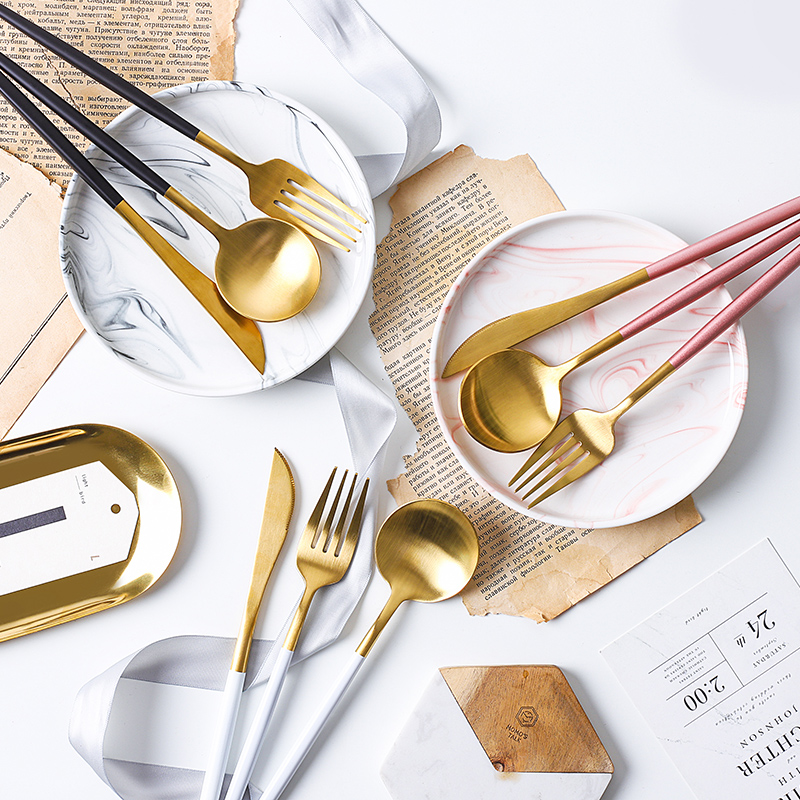 网红牛排刀叉盘子套装欧式家用金色刀叉勺两三件套不锈钢西餐餐具