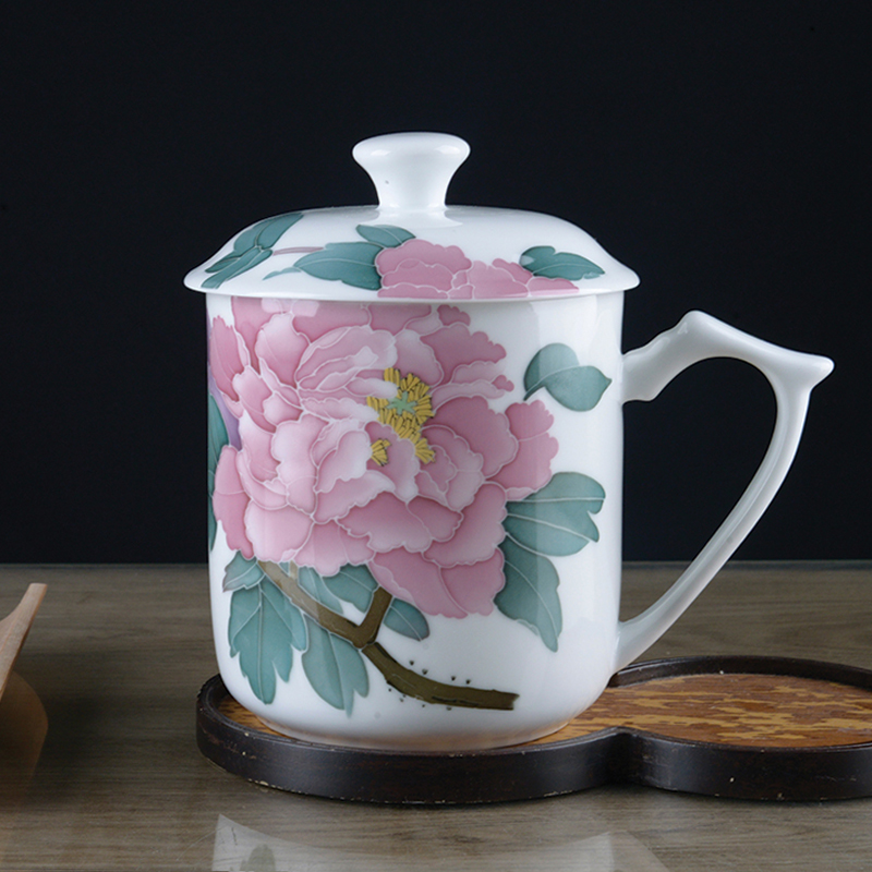 醴陵陶瓷新世纪艺术馆手绘釉下彩双层杯800ml大容量带盖茶杯定制
