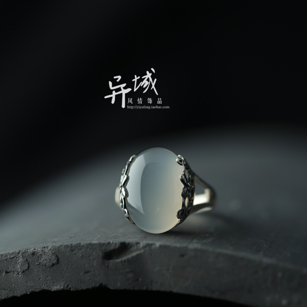 【水润。】泰银S925纯银饰品 手工镶嵌 白玉髓雕花复古风戒指指环