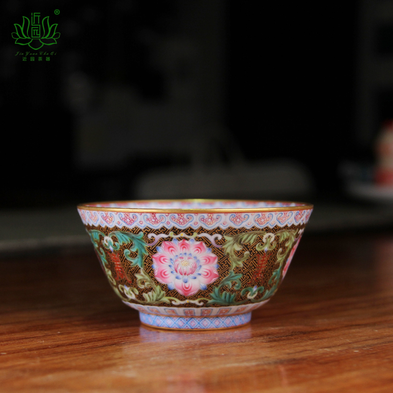 景德镇陶瓷茶杯黑地花卉功夫茶杯主人杯手绘溢珍堂品茗杯