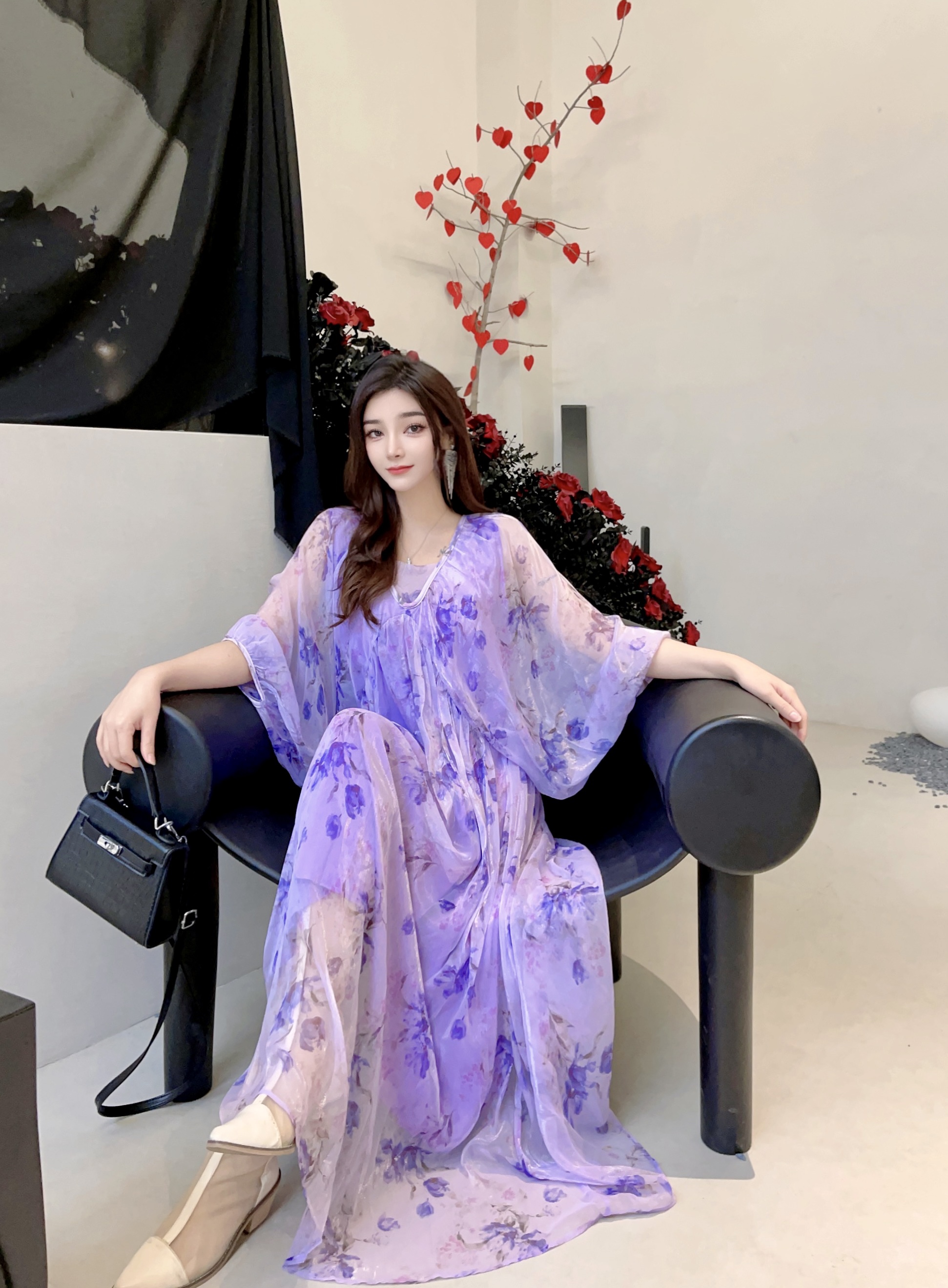 2024早春新款法式时尚高级感名媛气质女神范紫色仙女连衣裙女裙子
