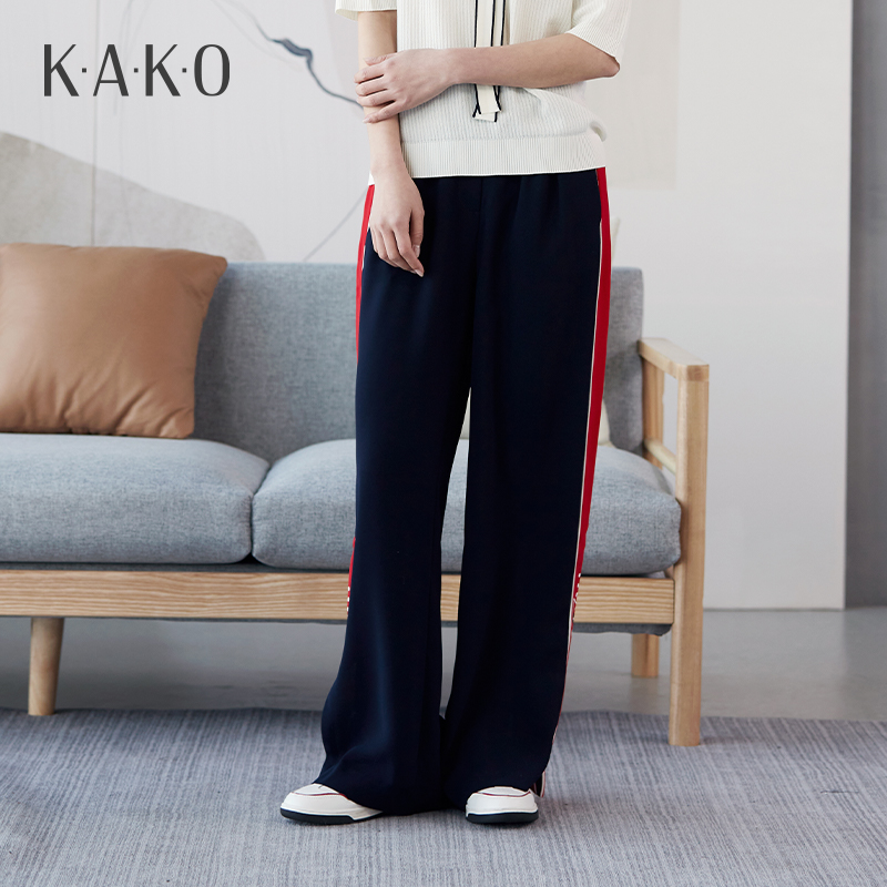 KAKO新品阔腿裤时尚条纹高腰显瘦休闲运动高腰休闲裤