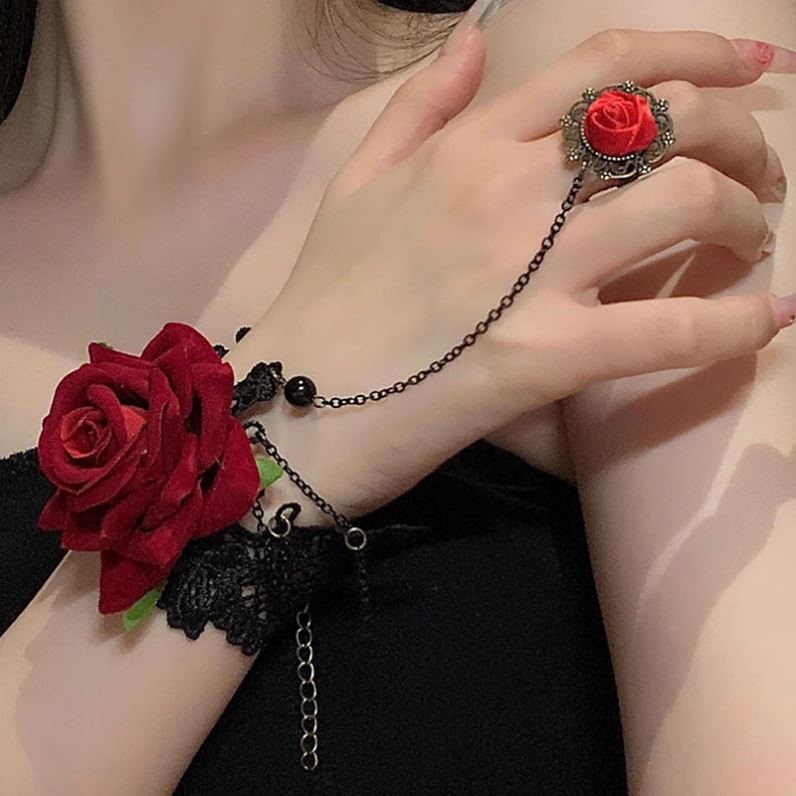 红色玫瑰戒指手链一体复古设计花朵手环蕾丝手腕饰品