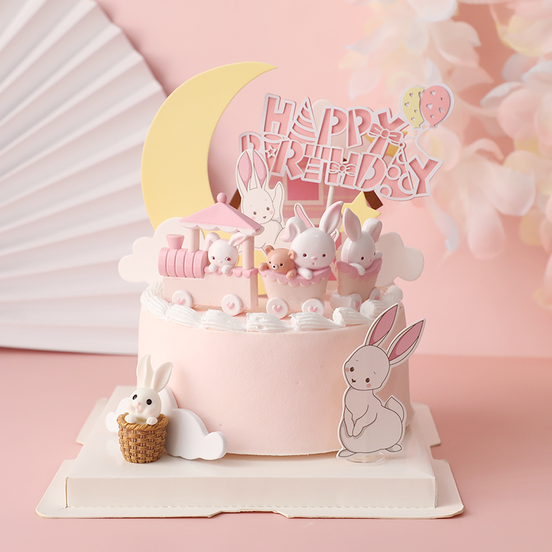 烘焙蛋糕装饰摆件网红粉色小火车兔子月亮插卡可爱生日装扮插件