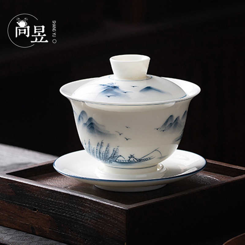 手绘羊脂玉白瓷可悬停三才盖碗茶杯单个湖光山色泡茶碗陶瓷功夫茶