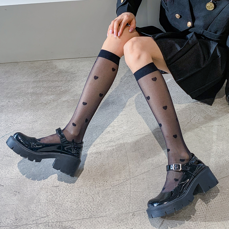 小腿袜女春enjoyit黑色丝袜透明薄包芯丝爱心图案jk袜子显瘦半筒