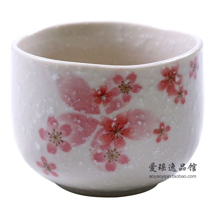美浓烧雪点樱花杯子日本进口和风日式茶艺茶具手工陶瓷粉色花茶杯