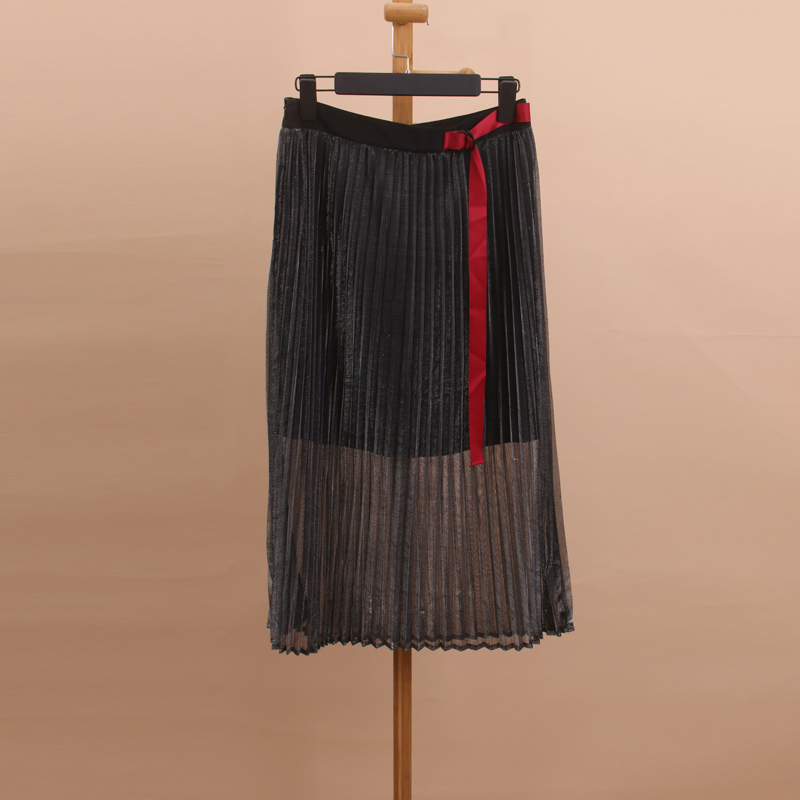 【迪】系列 19年夏装 网纱裙黑色亮丝显瘦百褶半身裙子G1512