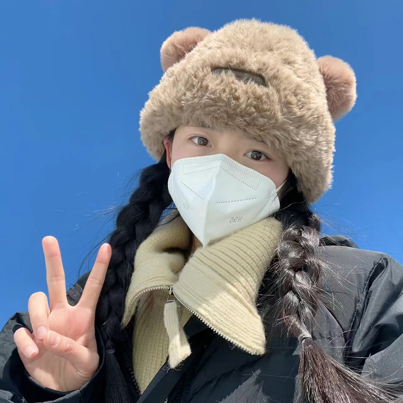 可爱小熊护耳朵毛绒帽子女秋冬季西藏川西旅游穿搭保暖毛线针织帽
