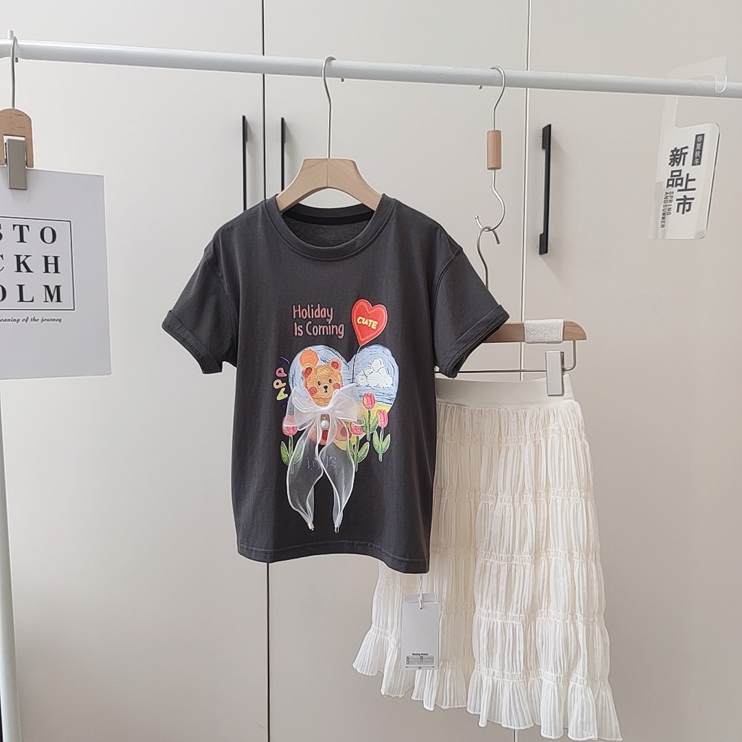 叫我格格品牌童装女童T恤2023夏季新款韩版儿童蝴蝶结蕾丝短袖潮