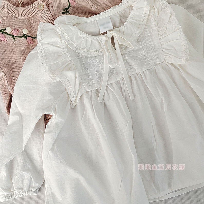 穿上就是小仙女呀90－140CM白色女童绣花长袖娃娃衫衬衣儿童上衣