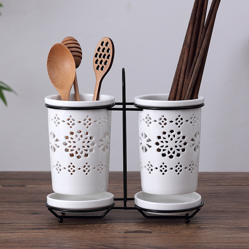 陶瓷筷笼沥水镂空筷子置物架创意双筒商用透风筷子筒收纳盒筷子篓