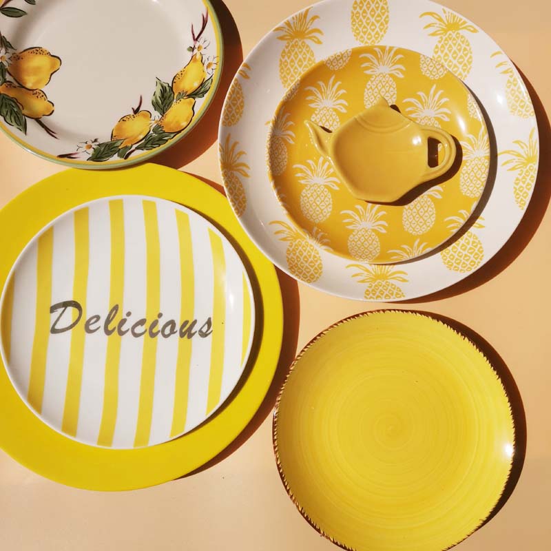 柠檬黄陶瓷盘墙饰 出口外贸美式盘子复古 打破餐桌沉闷点心盘手绘