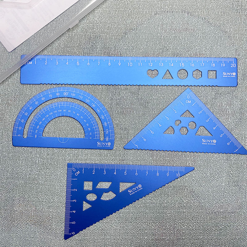 可刻字金属尺子小学生用铝合金直尺三角尺量角器中小学生文具套装