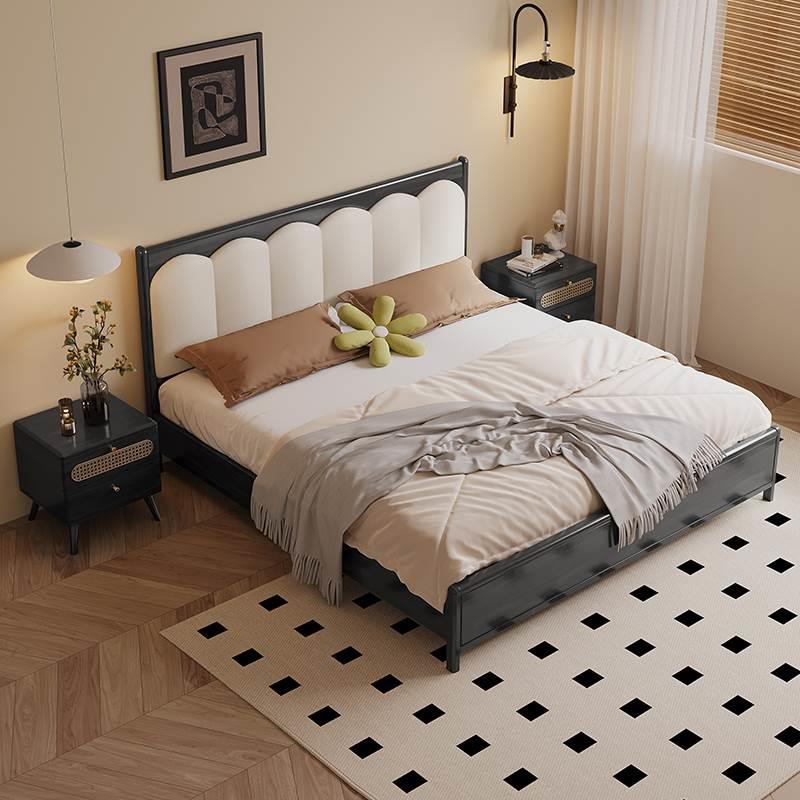 莎伦诗白蜡木美式法式复古实木床1.8米双人床卧室黑色软包床T806