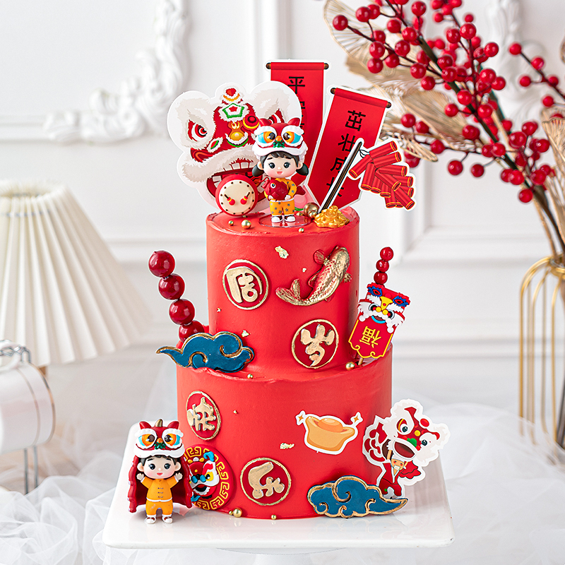 烘焙蛋糕装饰儿童周岁红色系列舞狮男孩女孩狮子茁壮成长甜品台