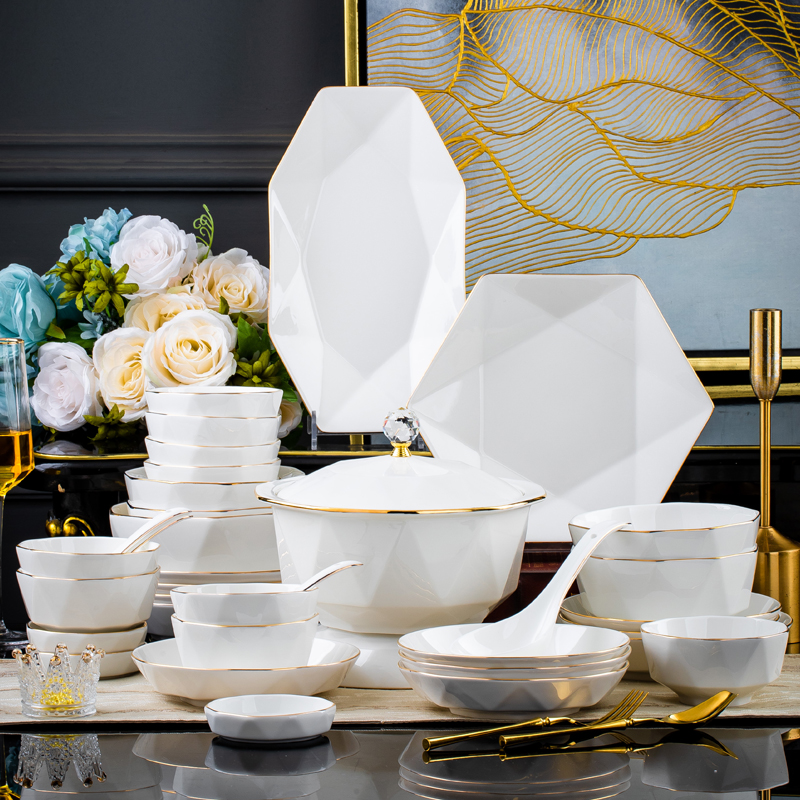 瀚宸碗碟套装家用轻奢陶瓷餐具高颜值白色八角金边陶瓷碗盘组合