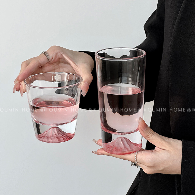 趣皿 粉色富士山杯小众设计玻璃杯家用水杯威士忌杯洋酒杯咖啡杯
