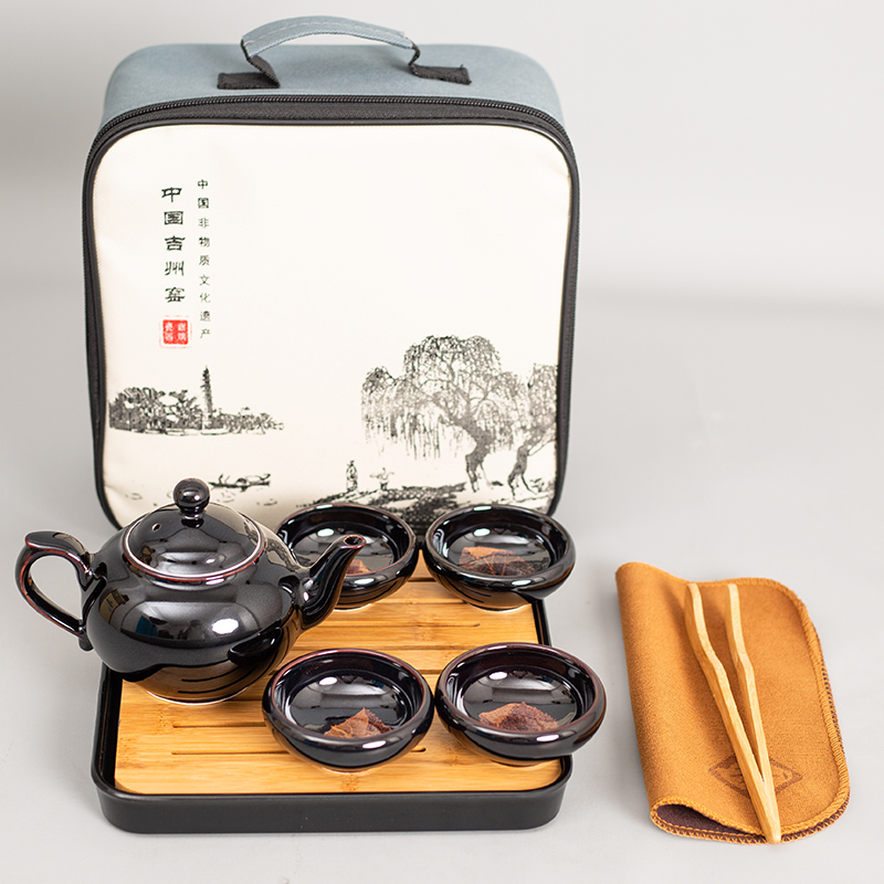 吉安嘉瑞瓷器吉州窑木叶天目盏陶瓷旅行茶具小套装一壶4杯便携式