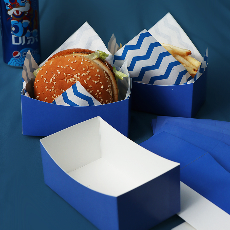 汉堡船型纸盒橙色蓝油炸食品家用三明治干贝厚蛋吐司手拿外带纸盒
