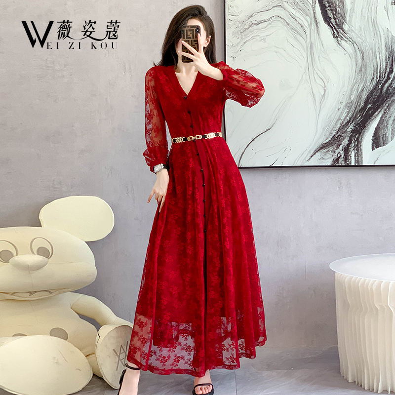 红色连衣裙2024春夏季新款女装长款气质高级感独特超好看蕾丝裙子