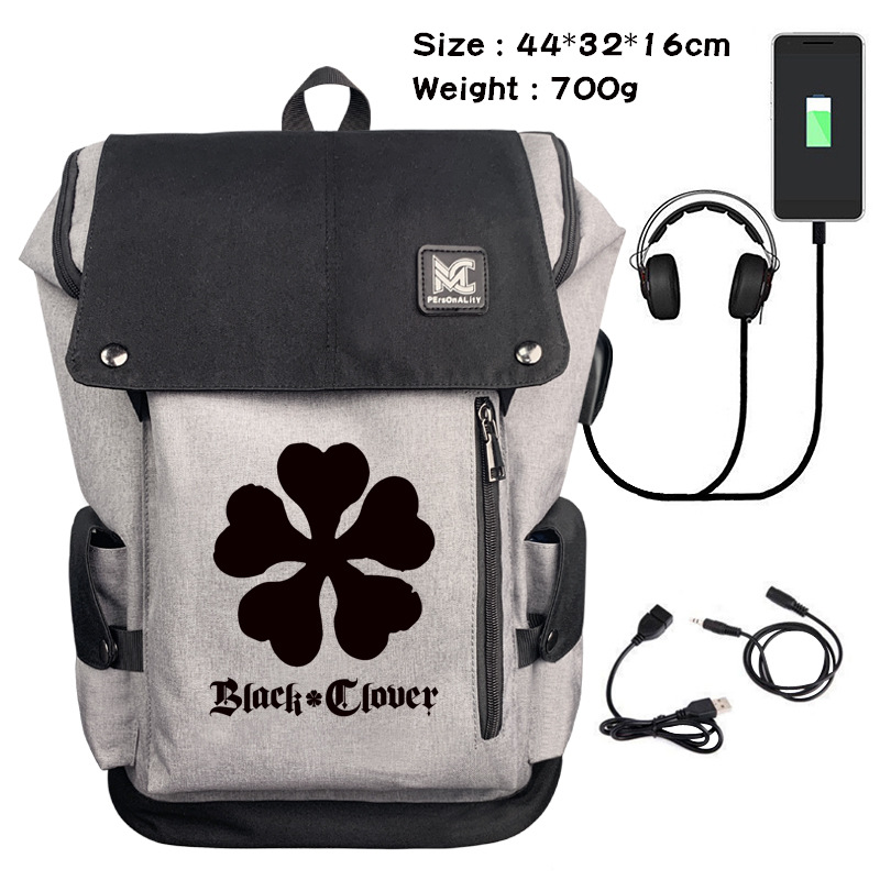 黑色四叶草动漫周边双肩背包USB充电学生书包 印花休闲旅行包桶包