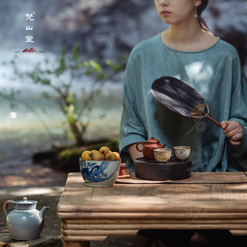 梵山堂 日式纯手工柴烧杯自然落灰成釉锯瓷纯银包口品茗杯小茶杯