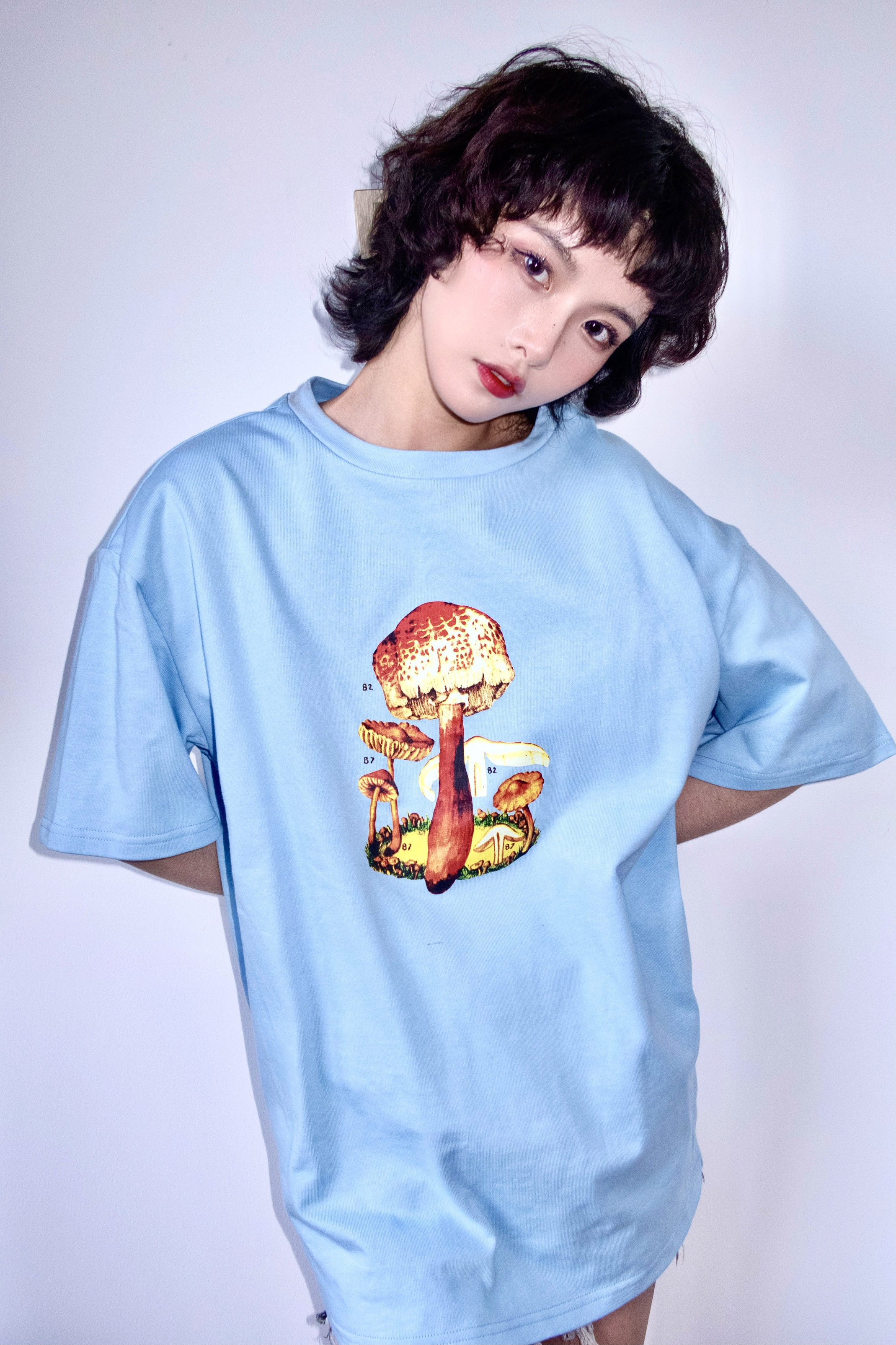 梦罐头杂货店 原创独立设计复古中性花卉圆领街头蘑菇印花宽松T恤