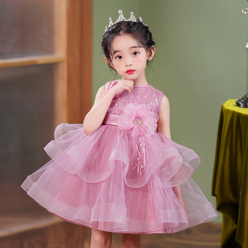 小童周岁礼服花童公主蓬蓬蛋糕裙女孩洋气亮片走秀幼儿舞台表演服