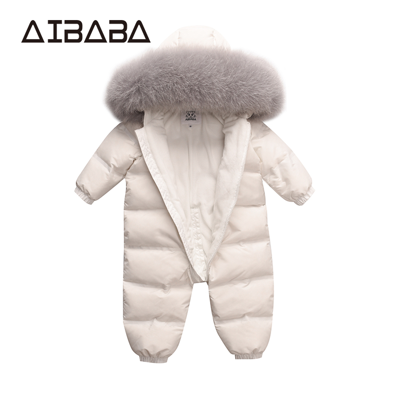 AIBABA儿童连体衣羽绒服加厚狐狸毛领款婴儿冬季套装哈衣外出爬服