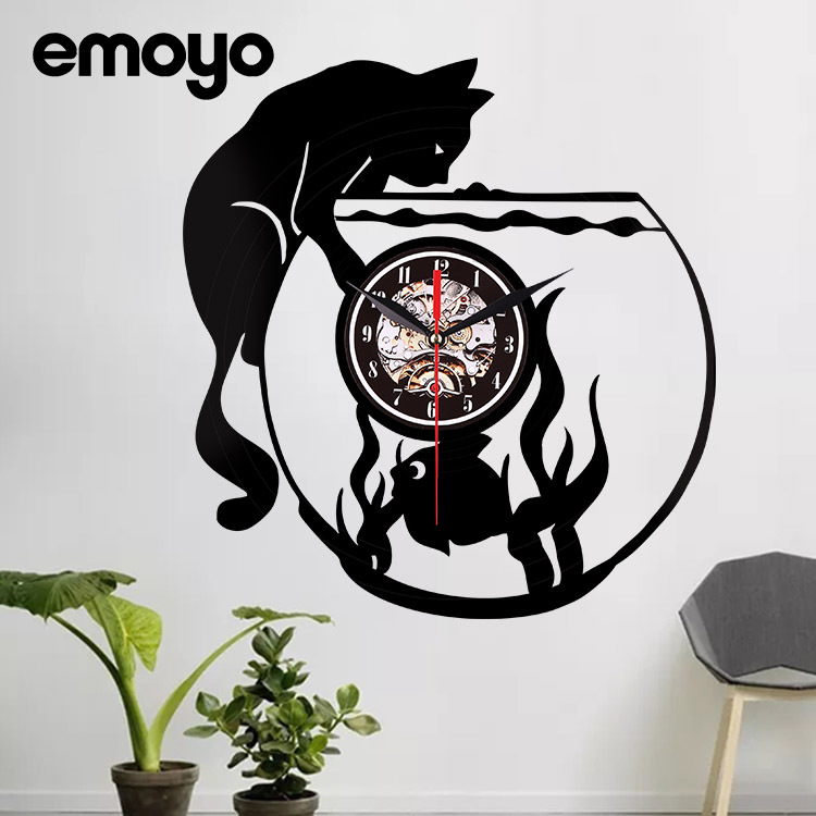动物挂钟 时钟客厅儿童房间创意黑胶唱片小猫吃鱼缸LED墙贴钟