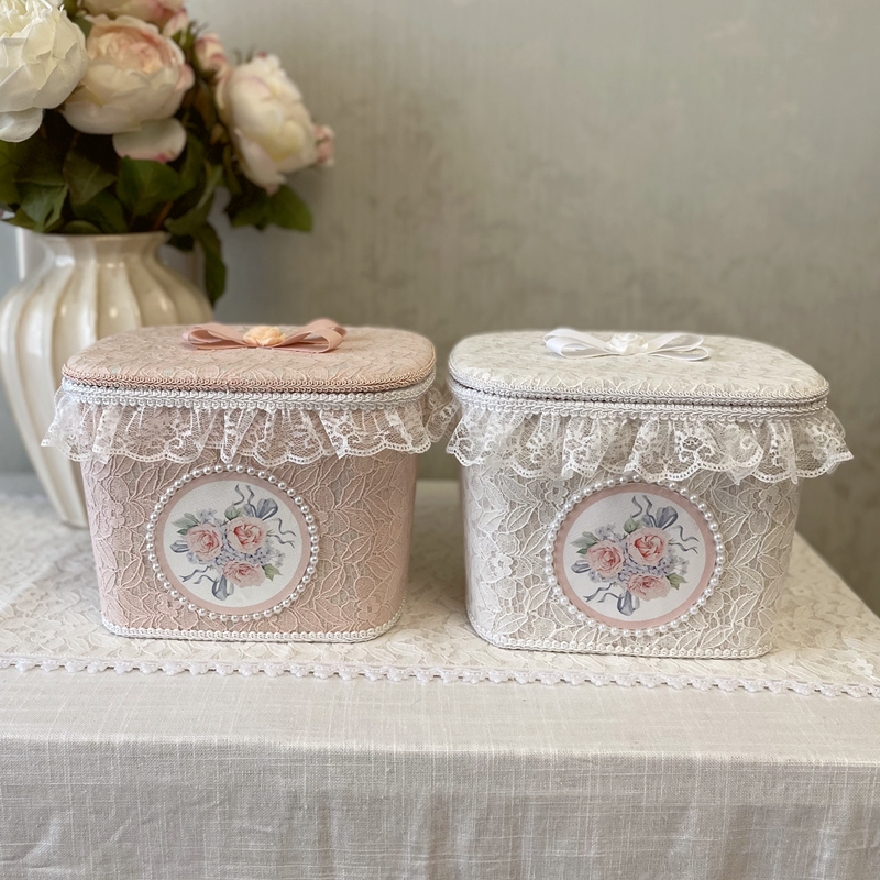 韩式蕾丝带盖储物盒法式复古手工刺绣珍珠化妆品收纳盒桌面收纳箱