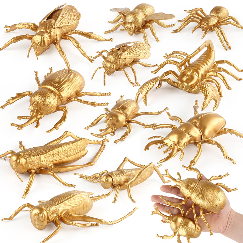 金黄色昆虫模型蜘蛛蜜蜂蝎子蝗虫锹甲虫蟋蟀独角仙蚊子摆件玩具