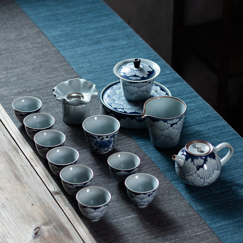 富贵牡丹青花瓷茶具套装 中式复古茶壶盖碗整套家用陶瓷功夫茶具