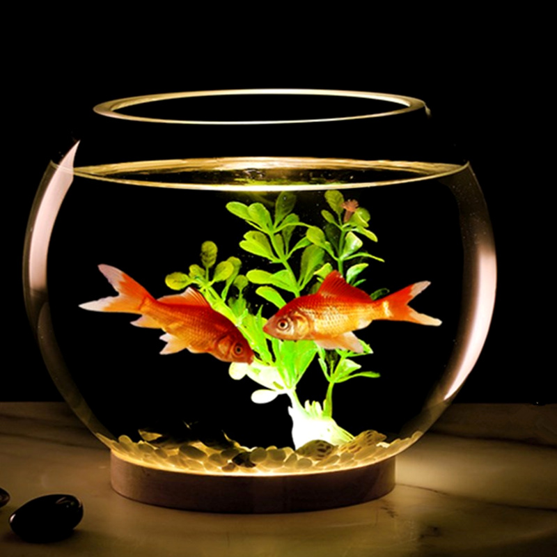 加厚孔雀玻璃鱼缸办公桌面圆形小型创意斗金鱼缸客厅夜灯迷你摆件